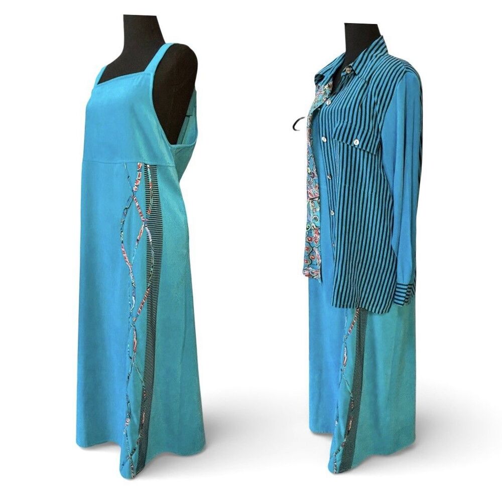 Vintage KOOS OF COURSE Maxi Jumper Dress With Silk Blouse Blue Artsy - Picture 2 of 11